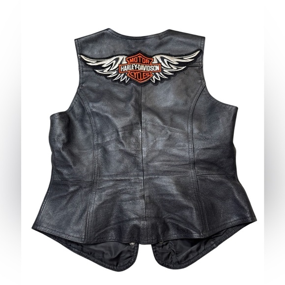 ✨ Harley-Davidson Black Leather Vest Pink Logo Patches Small Biker ✨ - Picture 2 of 5